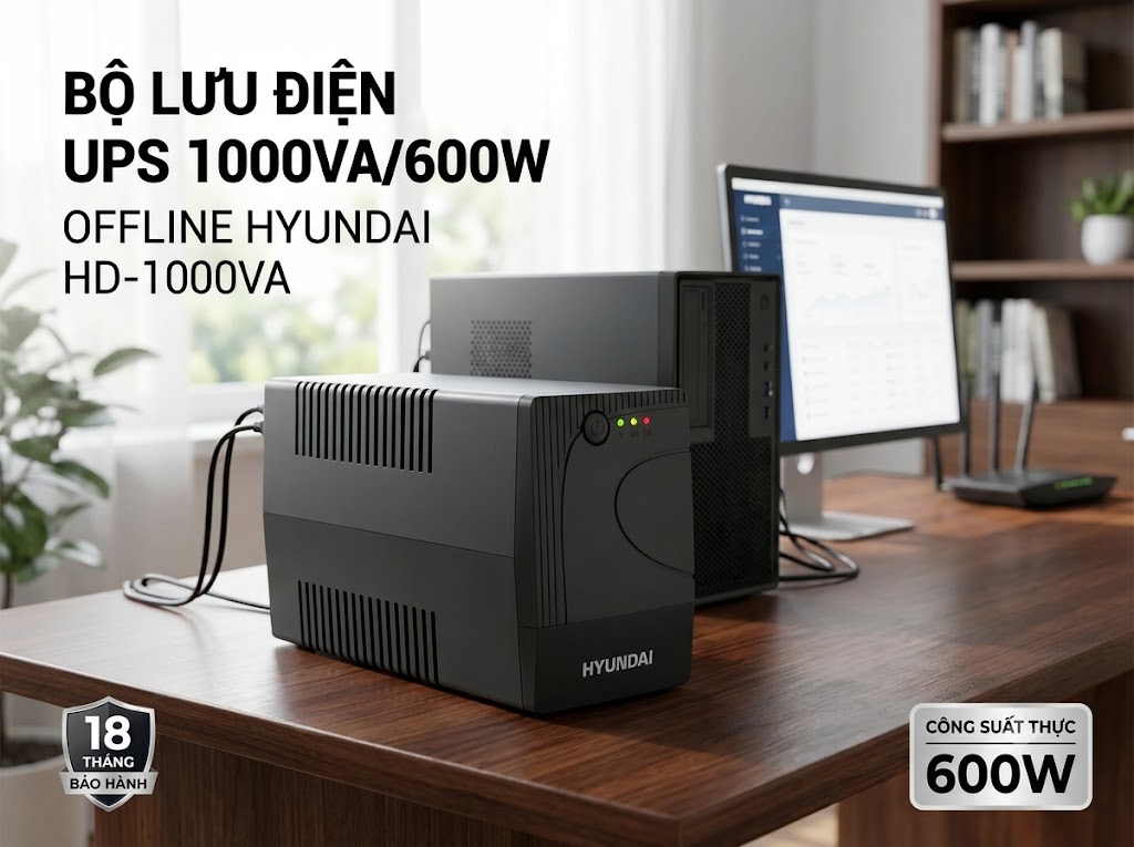 Bộ lưu điện UPS 1000VA/600W Offline Hyundai HD-1000VA