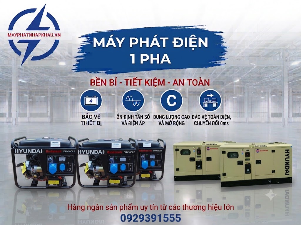 Máy phát điện 1 pha 3kW–20kW chạy xăng, dầu nhập khẩu